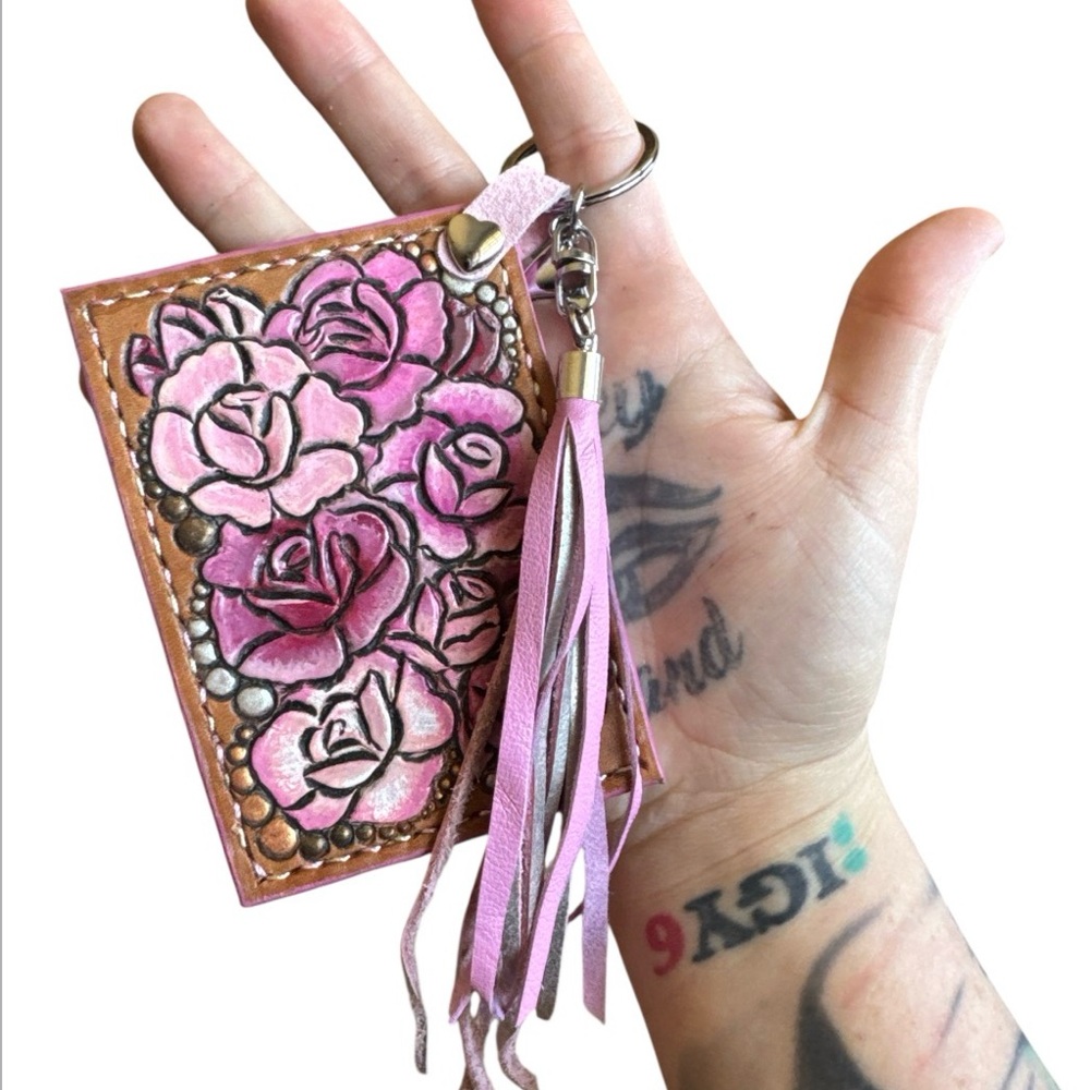 Artisan Handmade Western Southwest Leather Fringe Pink Rose Card Wallet Handmade